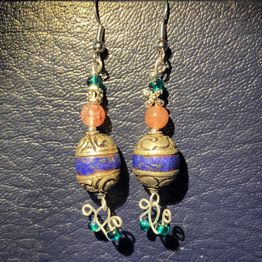Beijo Earrings 1: Tibetan Beads, Strawberry Quartz, Metal, Czech Glass. Stainless Steel French Hooks